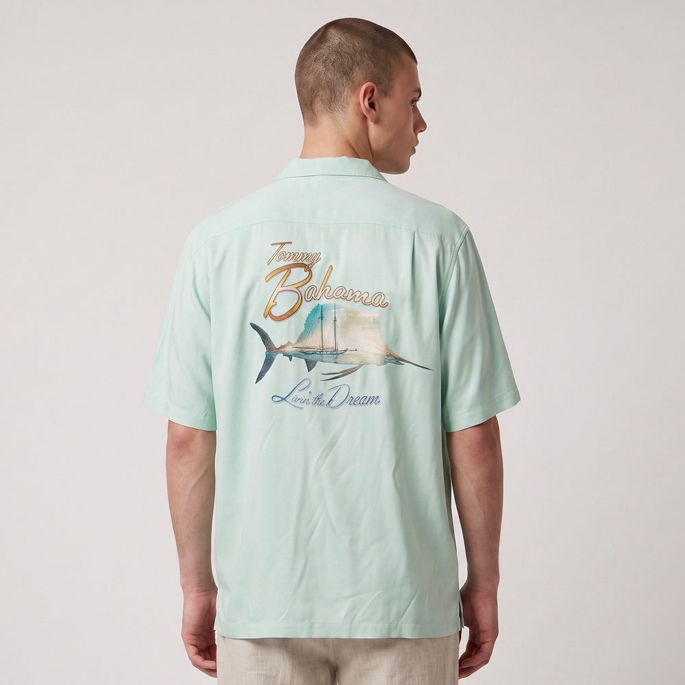 Tommy Bahama Marlin Paradise Silk Camp Shirt Mens 2XL XXL Livin The Dream Green